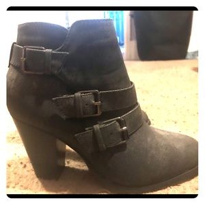 Dark gray heeled booties vegan